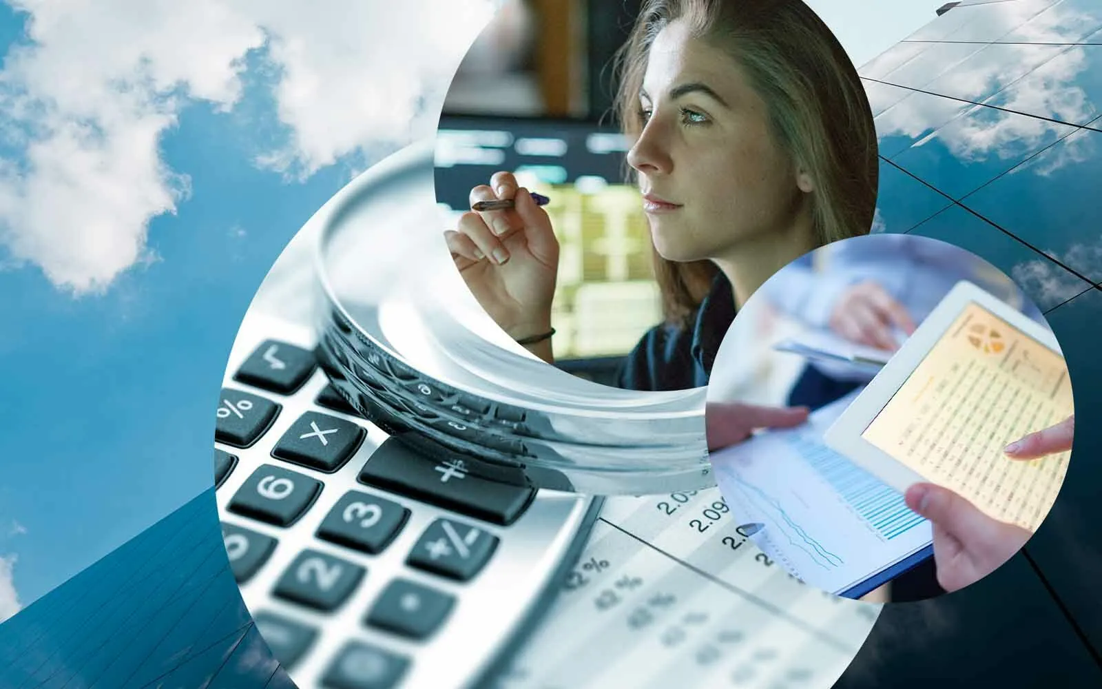 Edificio empresarial no fundo, analise de dados, pessoa a analisar, tablet e ficheiro, valantic