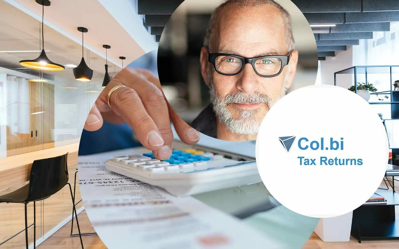 Escritório no fundo, pessoa a fazer calculos, pessoa observando atentamente, col.bi tax returns, valantic