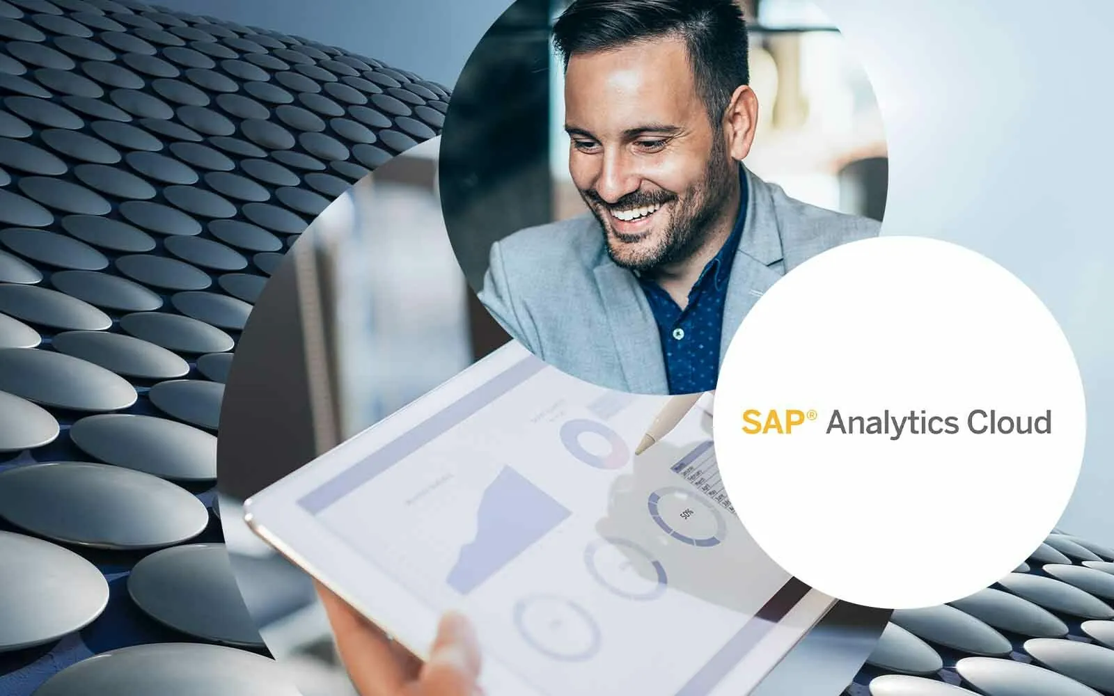 Edificio empresarial no fundo, tablet com software de dados, pessoa a sorrir, sap analytics cloud, valantic