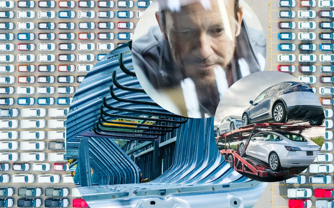 Imagem de um homem que trabalha num carro, ao lado de um transportador de automóveis e de uma sala de produção com peças de automóveis, indústria valantic: automotive