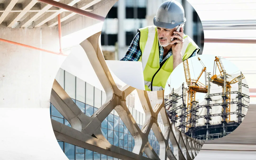 Imagem de um homem ao telefone com um capacete e um colete de segurança, ao lado uma imagem de gruas e, por trás, imagens de um edifício e de um estaleiro de construção, valantic construction industry