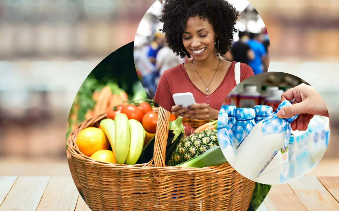 Imagem de uma mulher com um smartphone no supermercado, ao lado de um cesto cheio de frutas e legumes e de uma garrafa de leite, valantic industries: indústria alimentar