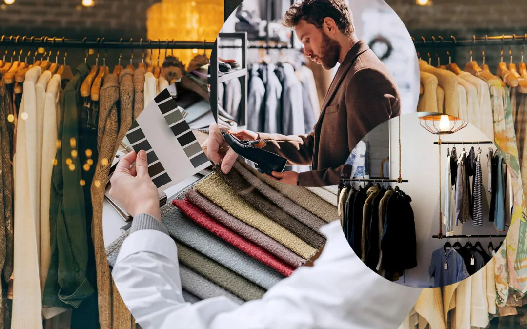 imagem de um vestuário no fundo, seguida de uma pessoa a escolher tipos de texteis, senhor escolhendo sapados numa loja, valantic industria textil