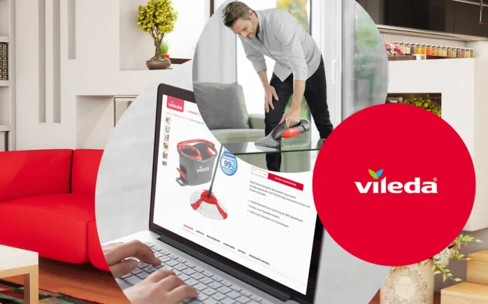 Imagem de um homem a limpar uma mesa, próxima do logotipo da Vileda e do website da Vileda, Caso de Sucesso valantic