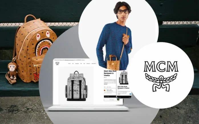 Bild eines jungen Mannes, der eine Tasche trägt, daneben das Logo von MCM und ein Bildschirm vom MCM-Onlineshop