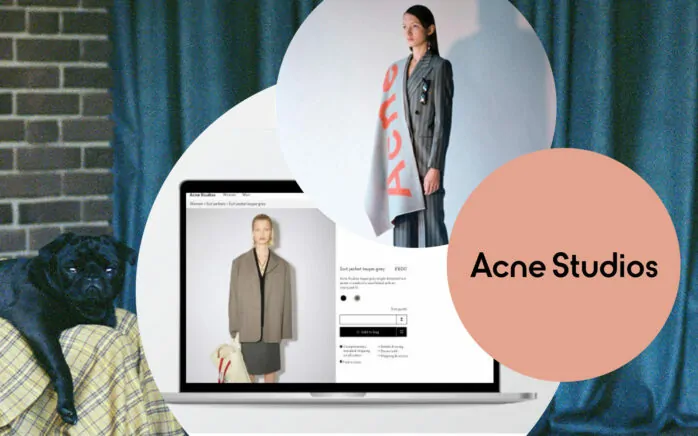 Bild einer Frau, die ein Schal von Acne Studios trägt, daneben das Logo von Acne Studios und ein Bildschirm des Online-Shops