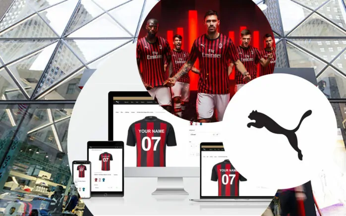 Bild von Fußballspielern, daneben das Puma Logo und ein Mockup des Onlineshops auf diversen Endgeräten