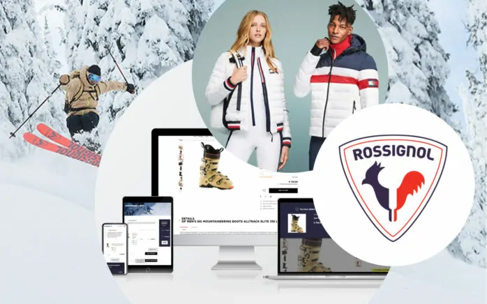 Bild von zwei Personen in Rossignol Klamotten, daneben das Rossignol Logo und der Onlineshop auf diversen Endgeräten