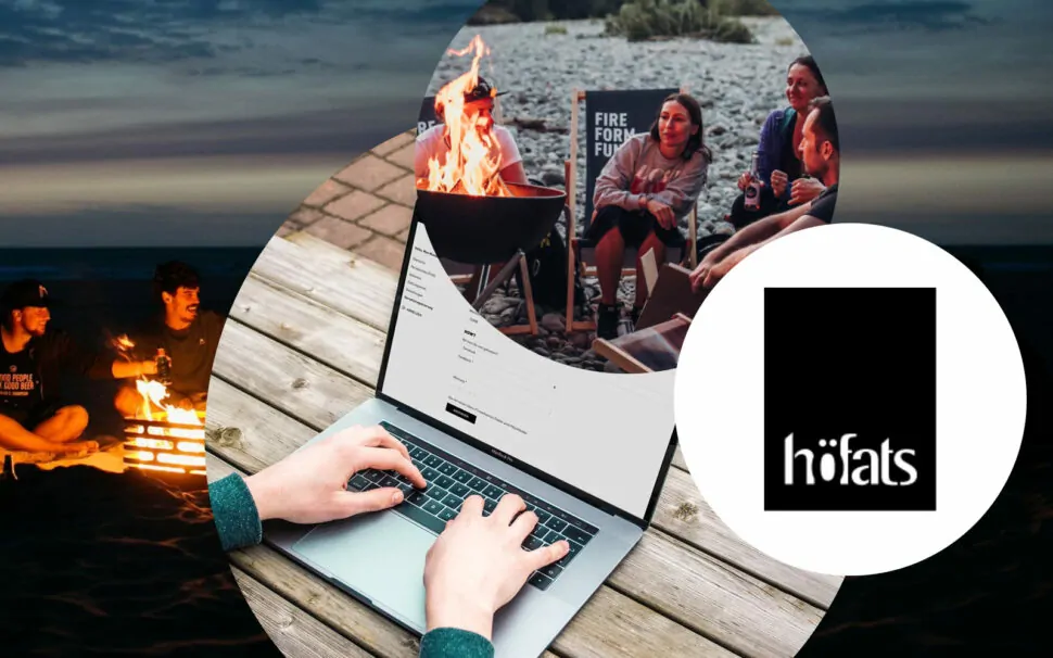 Bild von dem Höfats Team, daneben eine Person, die auf Laptop tippt und das Höfats Logo | Case Study Höfats
