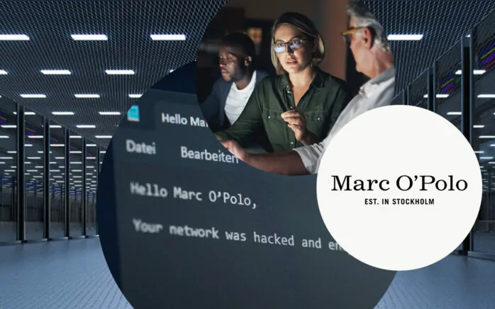 Bild von einer Frau, daneben das Marc O´Polo Logo und Personen im Gespräch