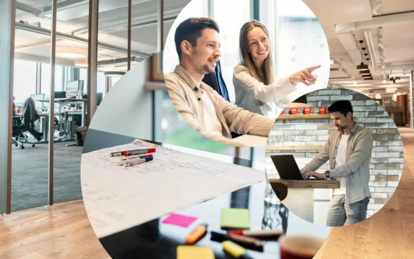 Bild von valantic Mitarbeitenden, daneben Schreibutensilien auf einem Tisch und im Hintergrund der Flur eines valantic Büros