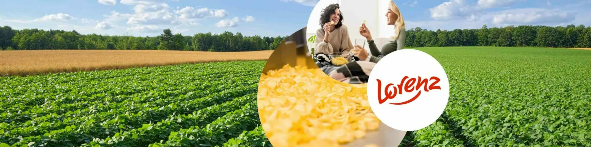 Bild von zwei Frauen, die Chips essen, daneben das Lorenz Logo und Kartoffelchips in der Produktion