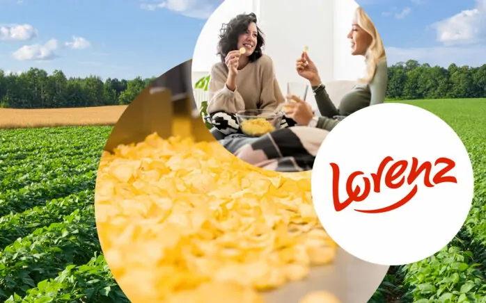 Bild von zwei Frauen, die Chips essen, daneben das Lorenz Logo und Kartoffelchips in der Produktion