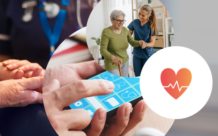 Bild von einer Pflegekraft, die eine ältere Patienten hilft und unterstützt, zu Hause zu gehen, daneben ein Herz Symbol und eine Person, die auf ein Tablet schaut