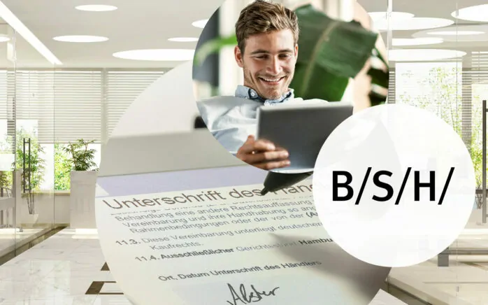 In the background is an office, in the foreground three circles with BSH logo, digital signature and man on IPad | Success Story | BSH relies on contract management in SAP across company