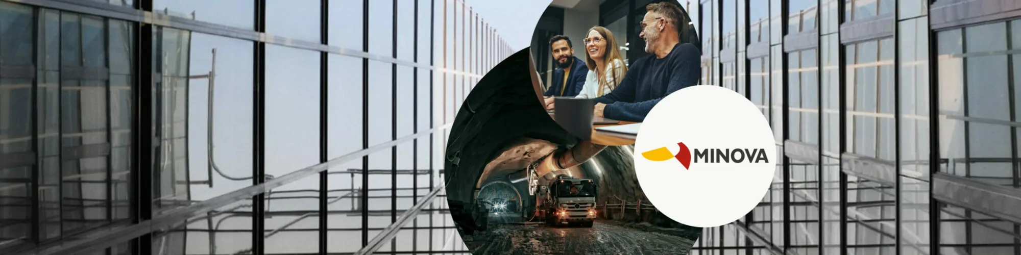 Bild von drei Personen im Gespräch, daneben das Minova Logo und ein Kraftfahrzeug in einem Bergtunnel