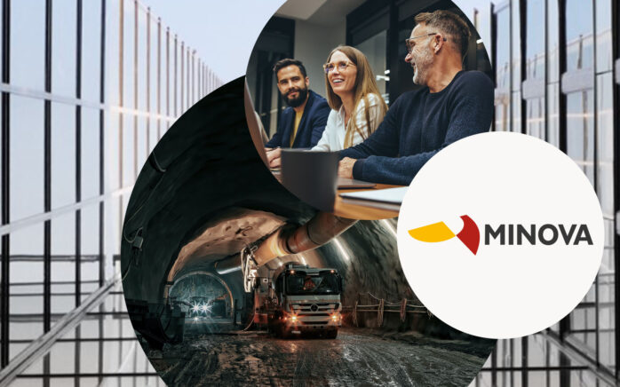 Bild von drei Personen im Gespräch, daneben das Minova Logo und ein Kraftfahrzeug in einem Bergtunnel