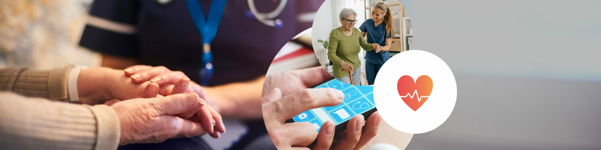 Picture of a female caregiver assisting an elderly patient with walking at home, next to a heart icon and a person using a digital healthcare app