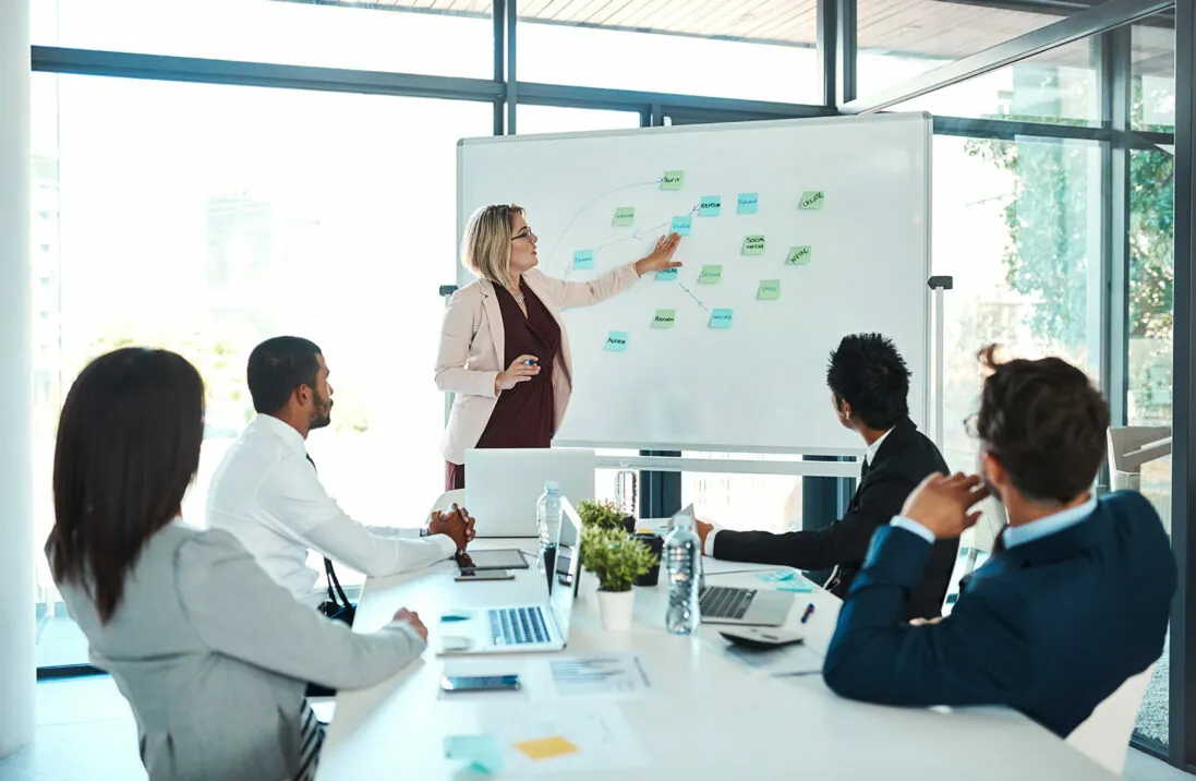 Picture of a group of five women and men attending a business workshop