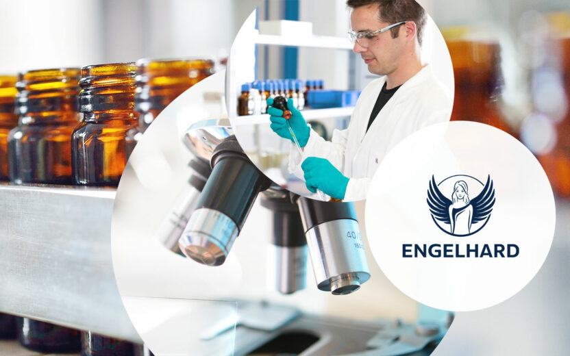 In the background test tubes, in the foreground three circles with Engelhard Arzneimittel logo, microscope, laboratory staff, success story, pharmaceutical specialist Engelhard relies on software for efficient, company-wide contract management