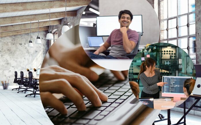 Bild mit Drei Kreisen: Hände tippen auf einer Tastatur, Code auf einem Monitor & Mann lächelt am Arbeitsplatz