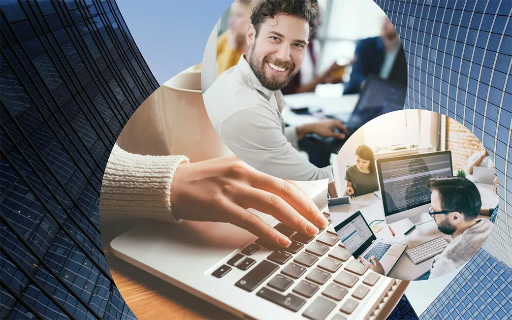 Three circles: Person typing on laptop, man smiling at camera, person at workplace