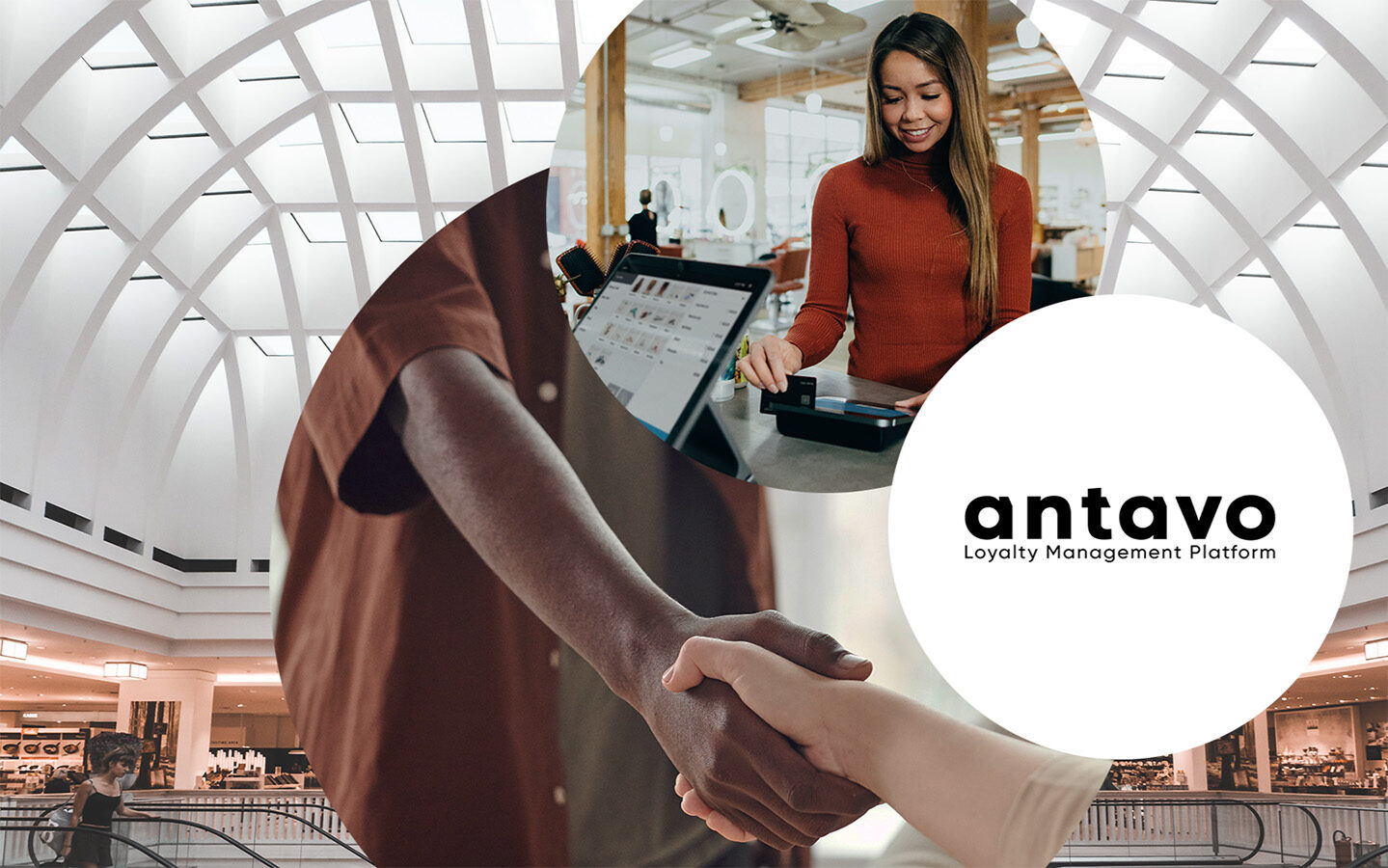 Handshake, woman pays with card and logo of antavo