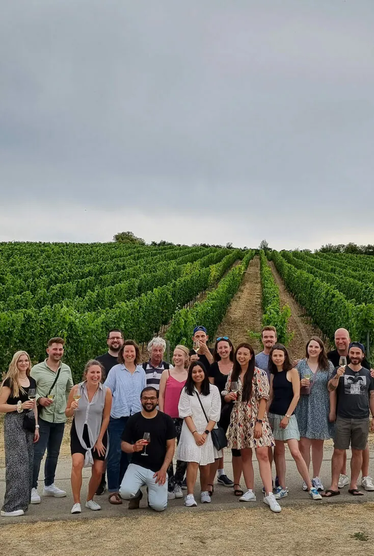A group of people standing and smiling in front of a vineyard under a cloudy sky. Some hold drinks, and the scene has rows of grapevines extending into the distance.