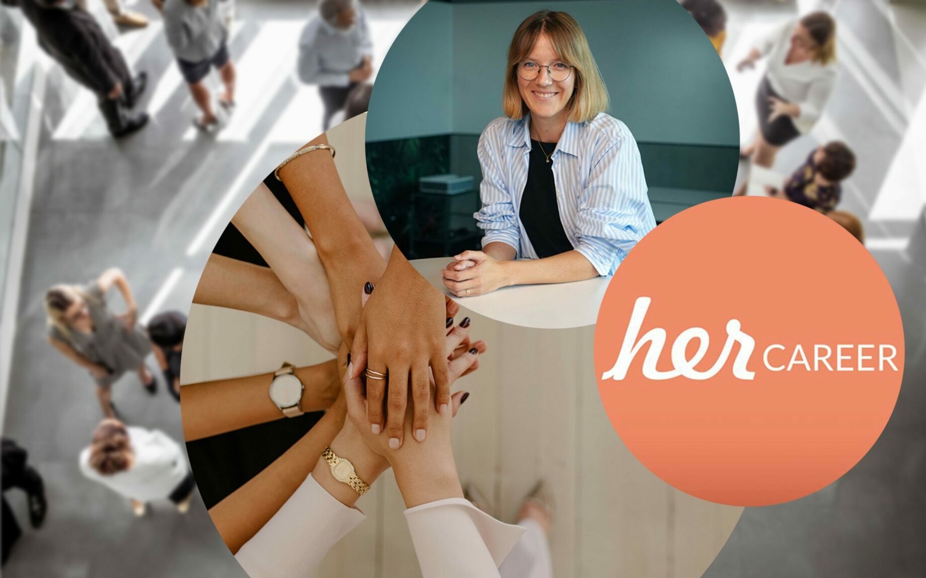 Three circles with a portrait of Sandra Ruckmich, the HerCareer logo and hands symbolizing teamwork