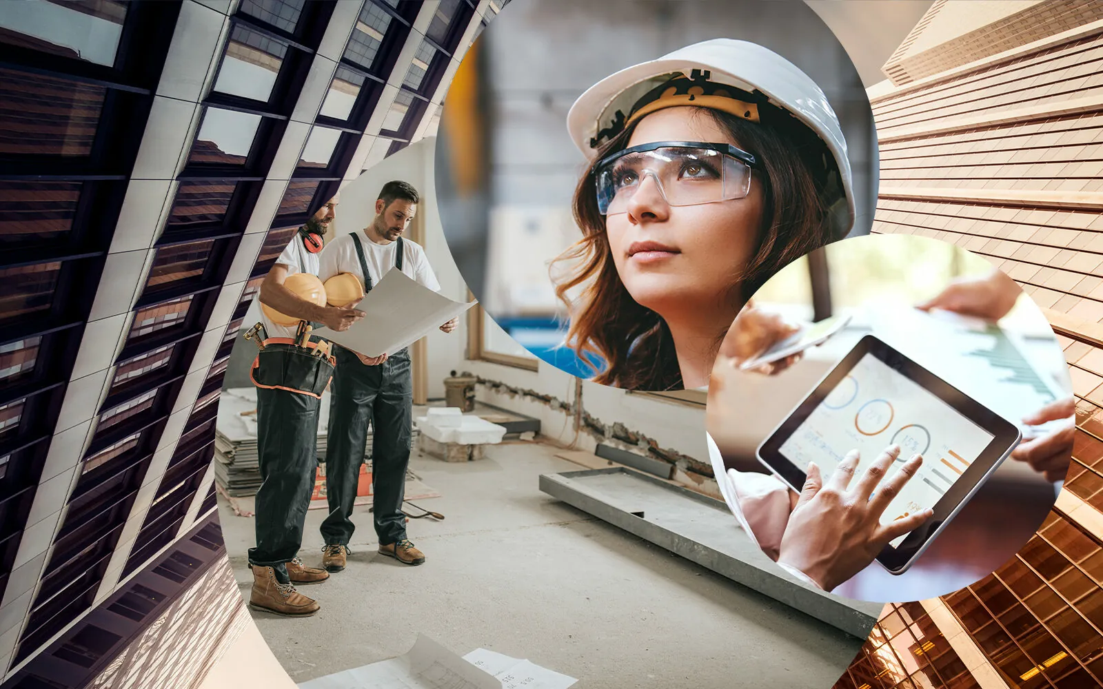 no fundo imagem de prédios, trabalhadores a analisar planta durante construção, análise de gráficos num tablet, trabalhador com oculos de segurança, valantic