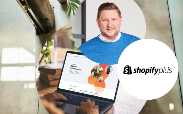 Picture of Oliver Kraft, Partner and Managing Director at valantic, next to him the shopify plus logo and a laptop showing the valantic homepage