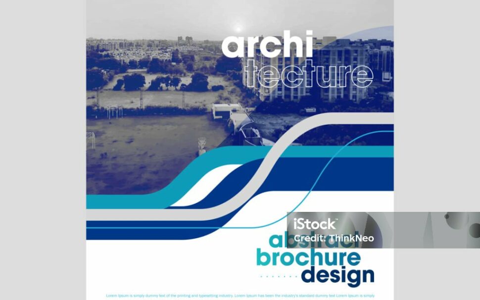 Eine Broschüren-Designvorlage mit dem Titel „Modernes kreatives Design“ mit abstrakten blauen Linien und einem Stadtbild im Hintergrund. Der Text hebt Architektur und Broschüren-Designelemente hervor.