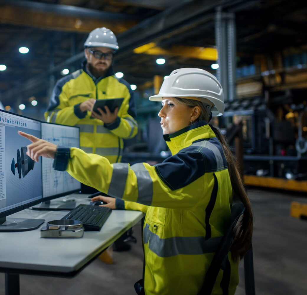 Inside the Heavy Industry Factory Female Industrial Engineer Works on Personal Computer She Designs 3D Engine Model, Her Male Colleague Talks with her about the SAP Service and Asset Manager