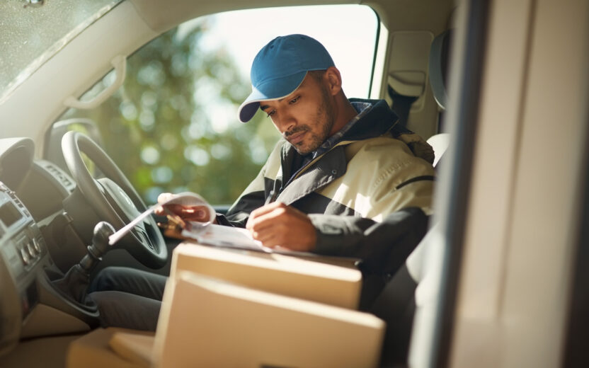 Shot of a delivery man reading addresses while sitting in a delivery van