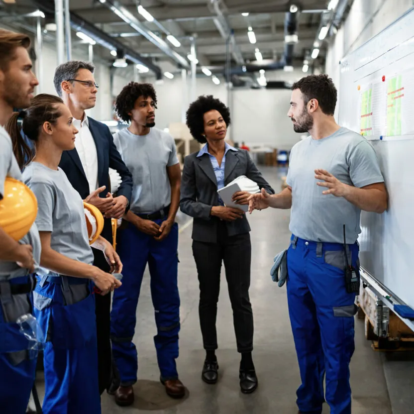 Young worker giving presentation in front of whiteboard in a factory