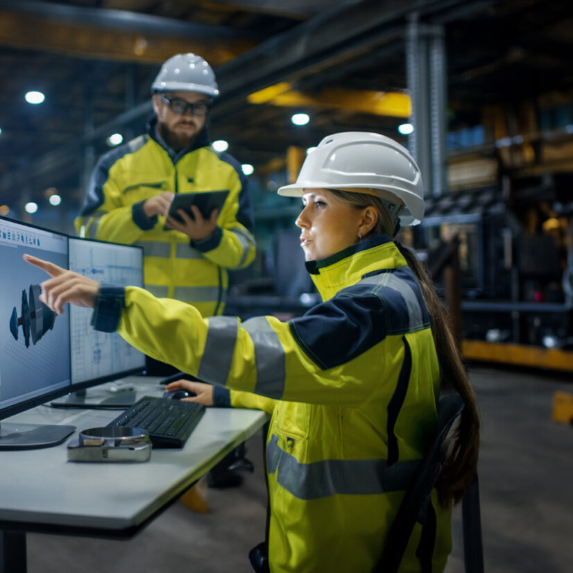 Inside the Heavy Industry Factory Female Industrial Engineer Works on Personal Computer She Designs 3D Engine Model, Her Male Colleague Talks with Her and Uses Tablet Computer with SAP Service and Asset Manager