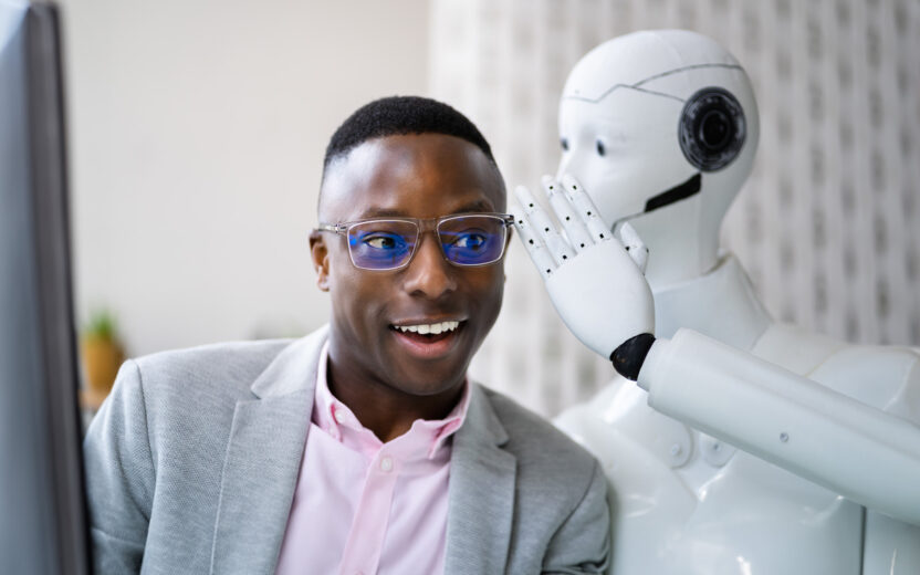 AI Cyborg Robot Whispering Secret Or Interesting Gossip To Man | Conversational AI