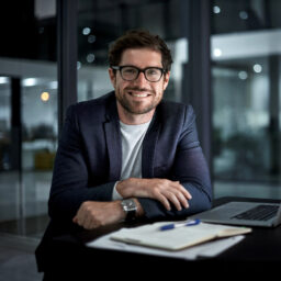 portrait of a happy young businessman working at his office desk