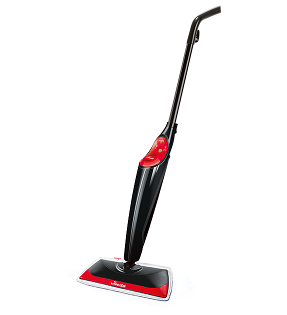 Esfregona a vapor elétrica preta e vermelha com cabeça de limpeza triangular e cabo para facilitar as manobras.