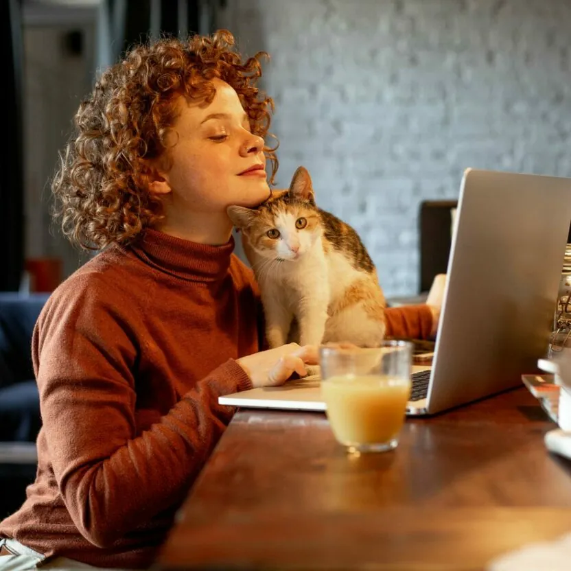 Young woman with cat using laptop