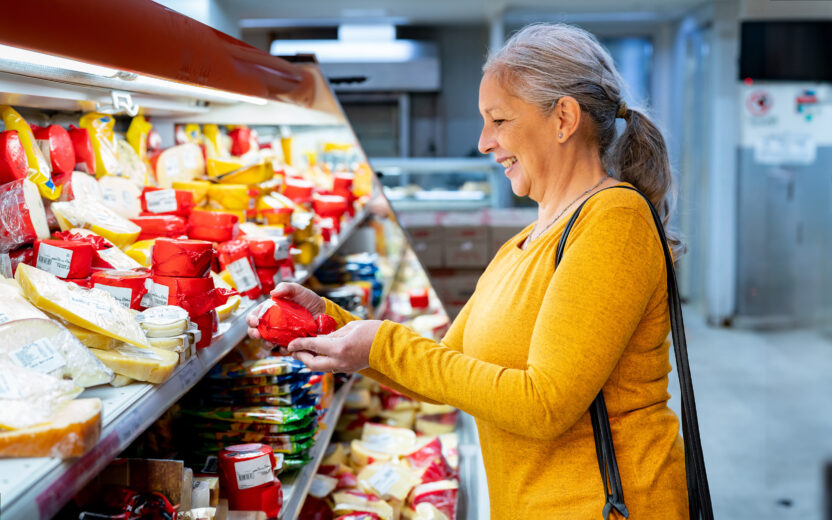 Elderly woman buying cheese in supermarket.