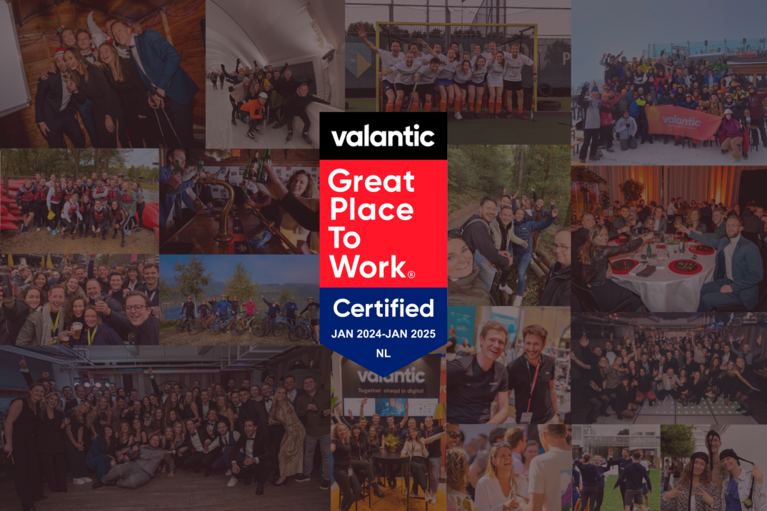 Collage van verschillende groepsfoto's en evenementen rond een centrale badge met de tekst "valantic Great Place to Work Certified Jan 2024 - Jan 2025 NL". Mensen glimlachen, dineren en ondernemen activiteiten.