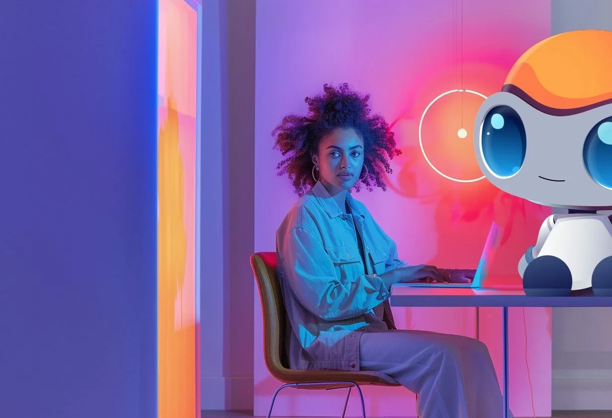 AI generated image of a woman sitting in an office next to vally