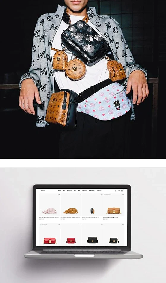 MCM model and laptop with website page
