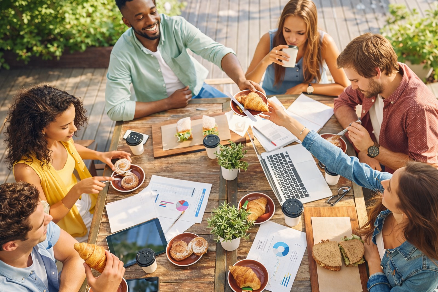 6 Personen, die mit Laptop am Tisch sitzen und frühstücken | Agentic AI Summer Brunch
