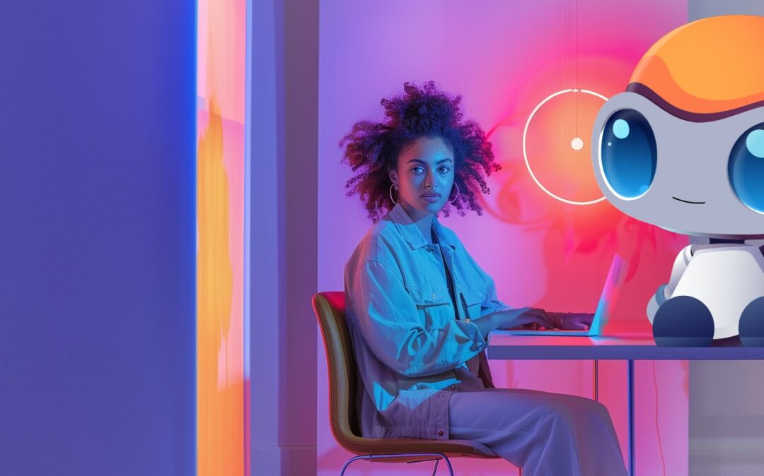 AI generated image of a woman sitting in an office next to vally