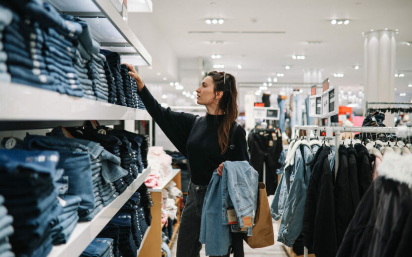 Frau sucht Jeans in Bekleidungsgeschäft aus