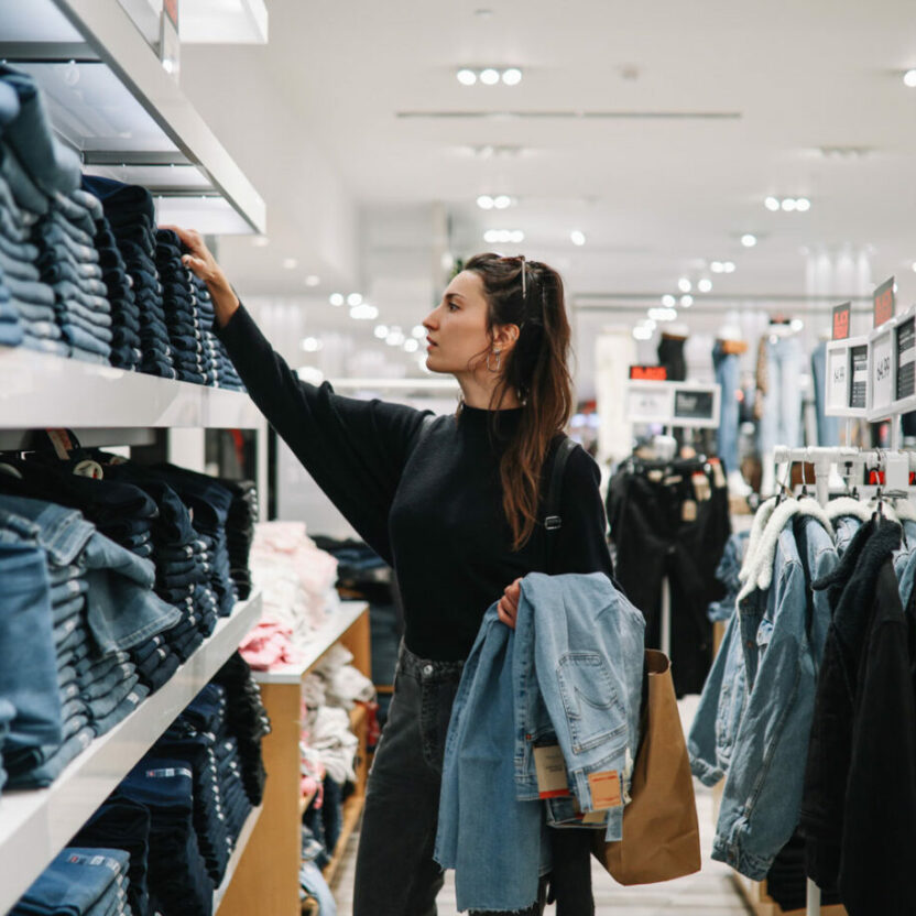 Frau sucht Jeans in Bekleidungsgeschäft aus
