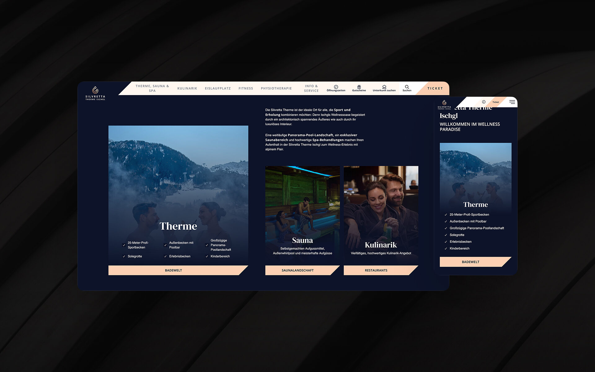 Übersichtsseite der Silvretta Therme Ischgl mit Angeboten rund um Therme, Sauna und Kulinarik – dargestellt in Desktop- und Mobilversion.