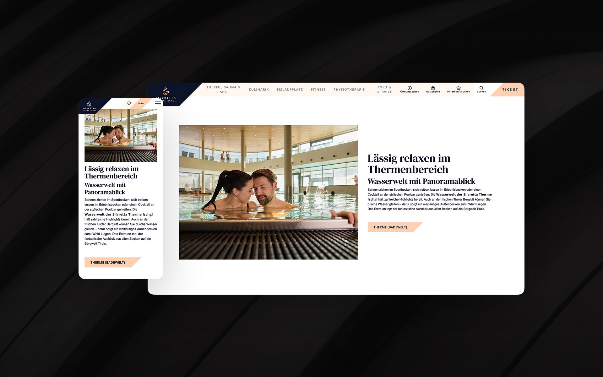 Responsive Ansicht der Website der Silvretta Therme Ischgl mit Bild eines Paars im Innenpool und Beschreibung der Wasserwelt mit Panoramablick.